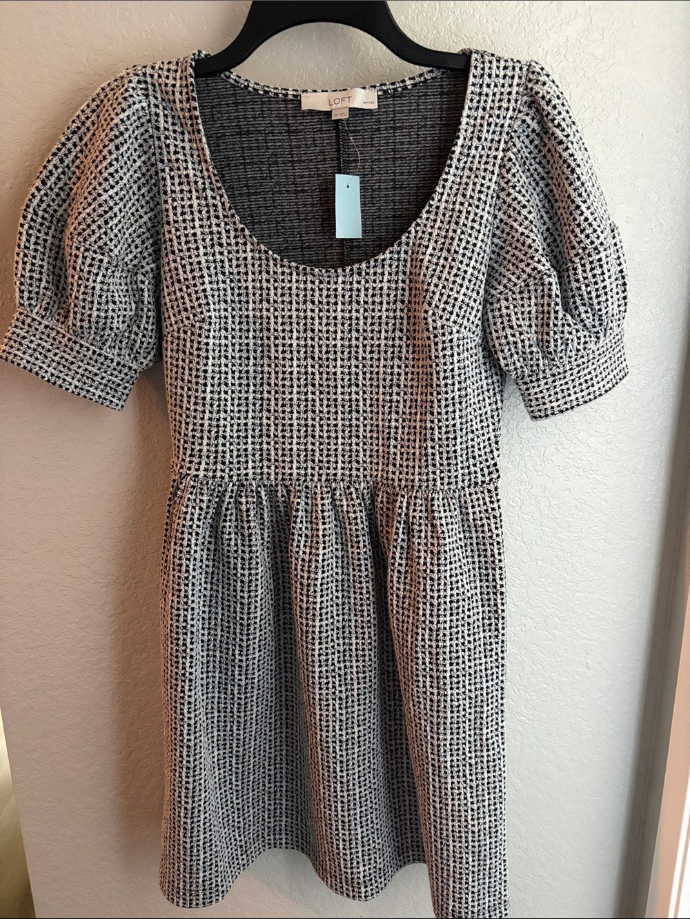 NWT LOFT Black and White Tweed Scoop Neck Dress with Puff Sleeves